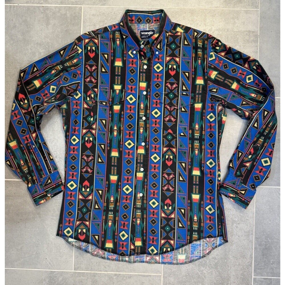 Vintage Wrangler Aztec Tribal Navajo Print Cowboy Fit Brushpopper 16 1/2 - 35